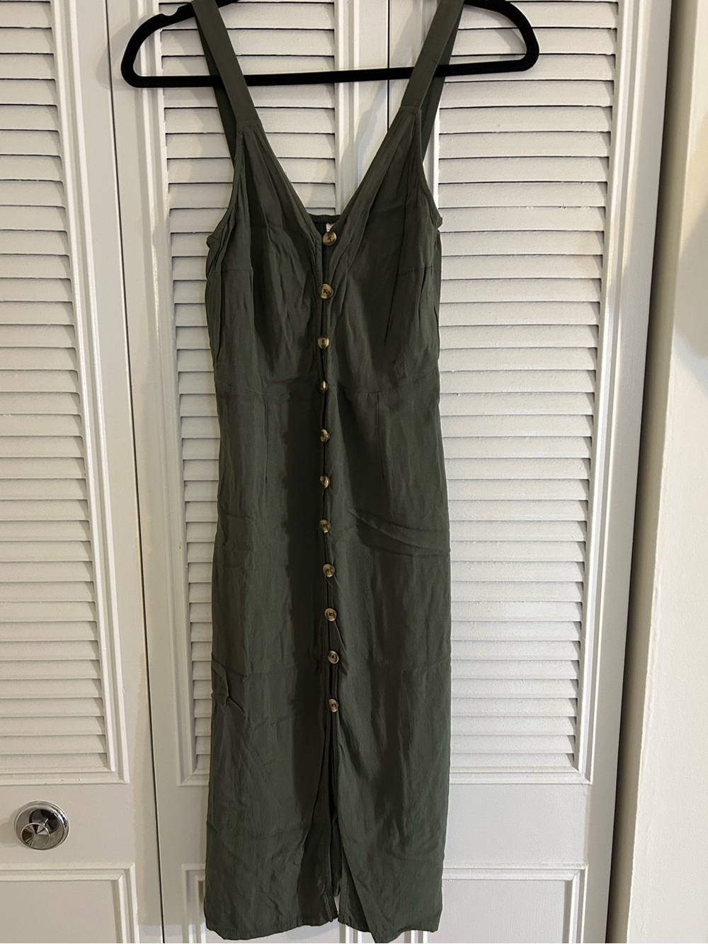 Olive Green Button-Front Midi Dress